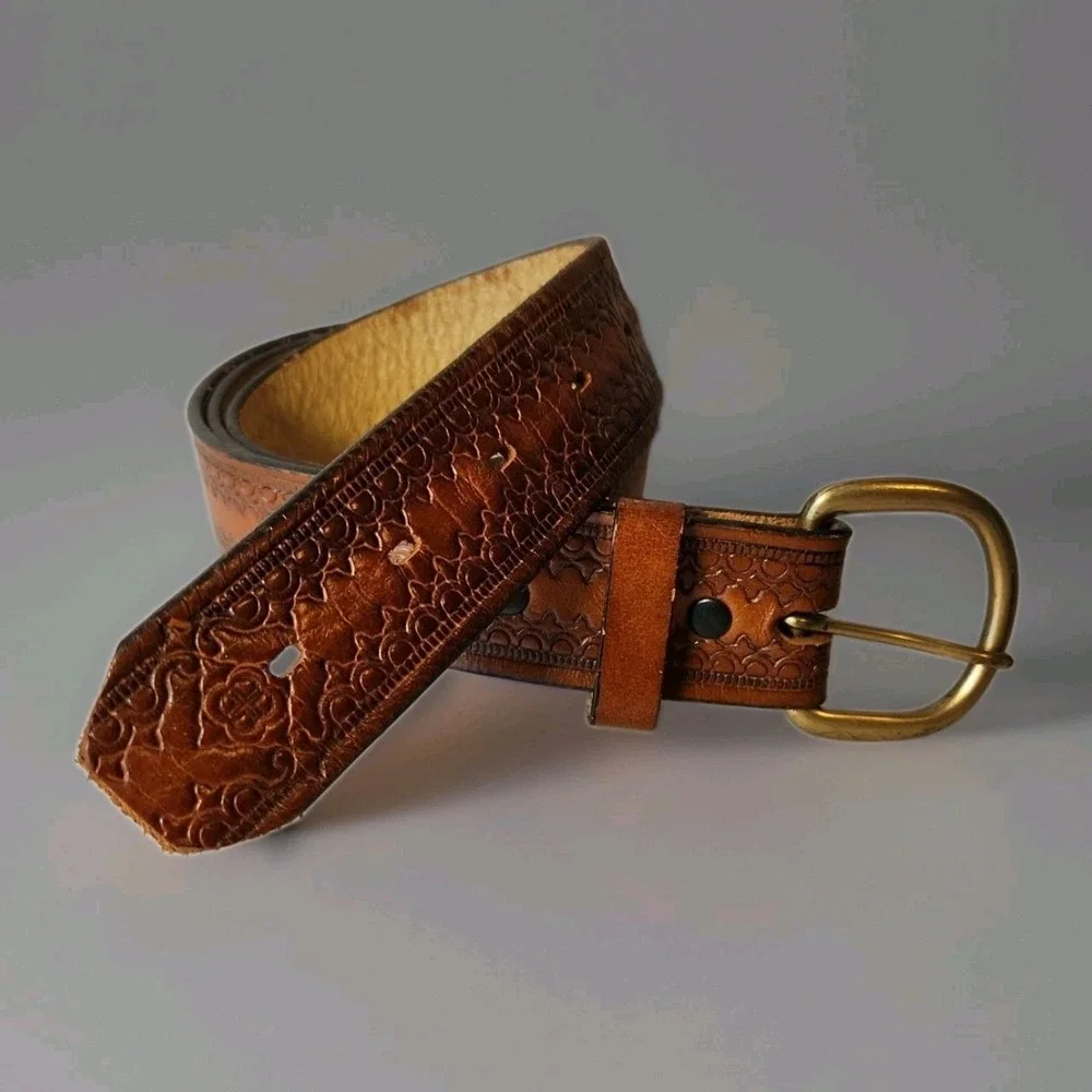 Vintage Chambers Belt Co Tooled Leather Belt USA Brown Brass Mens 38 Cowboy